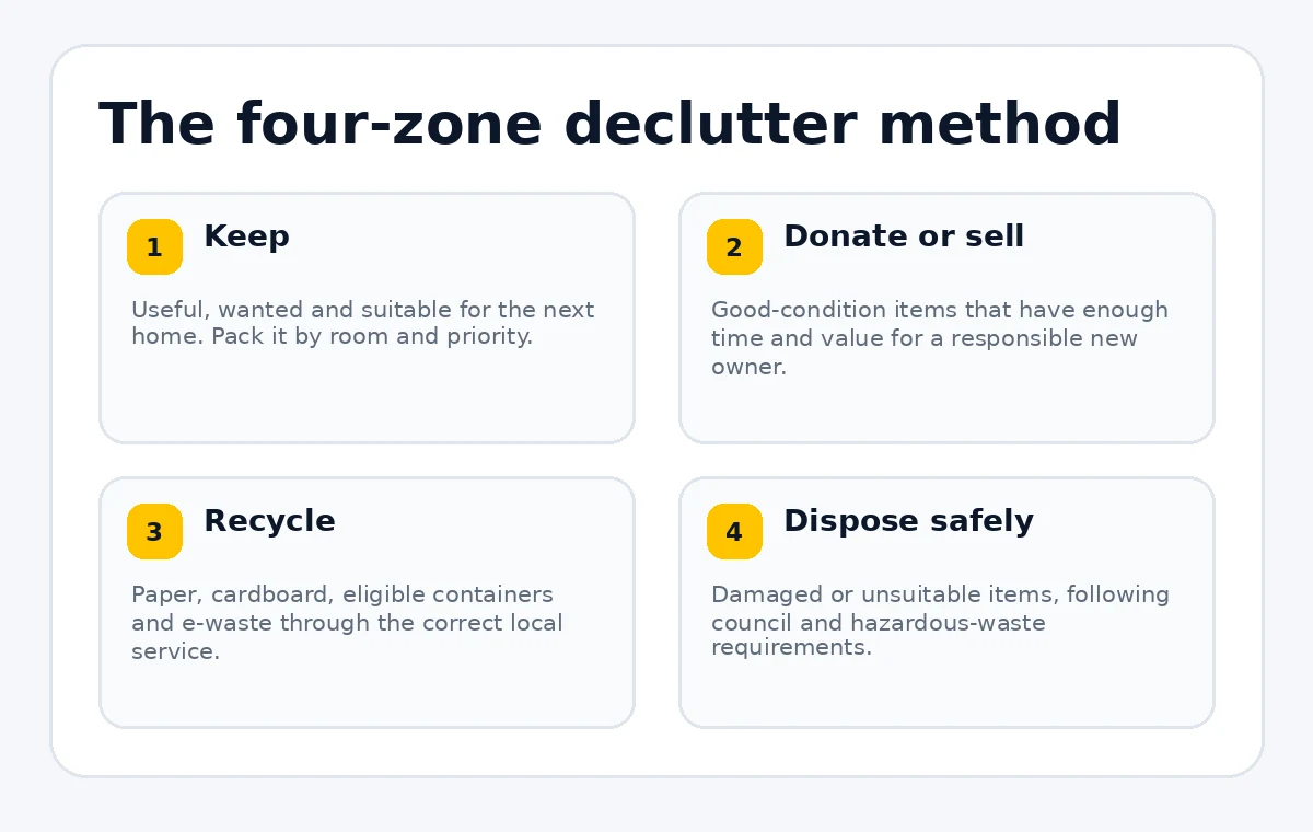 Four-zone declutter method for keeping, donating or selling, recycling and safe disposal