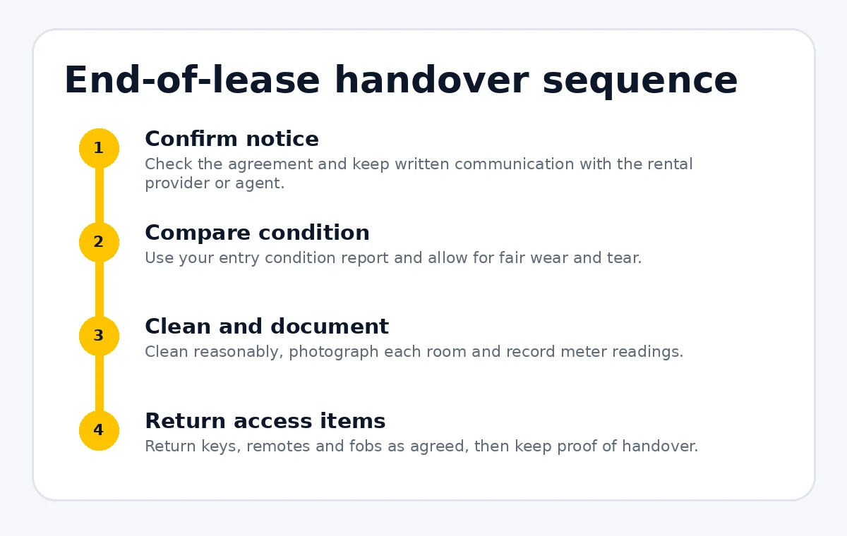 End-of-lease sequence covering notice, condition comparison, cleaning and key handover