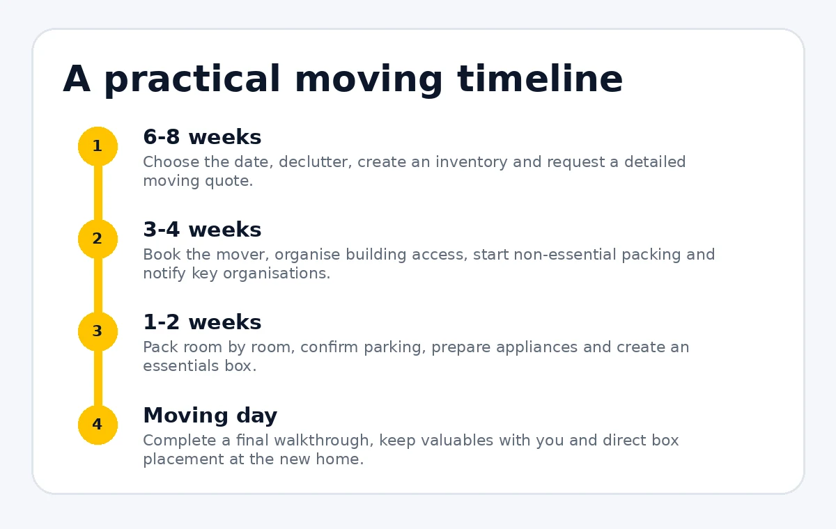 Timeline showing what to do six to eight weeks, three to four weeks, one to two weeks and on moving day