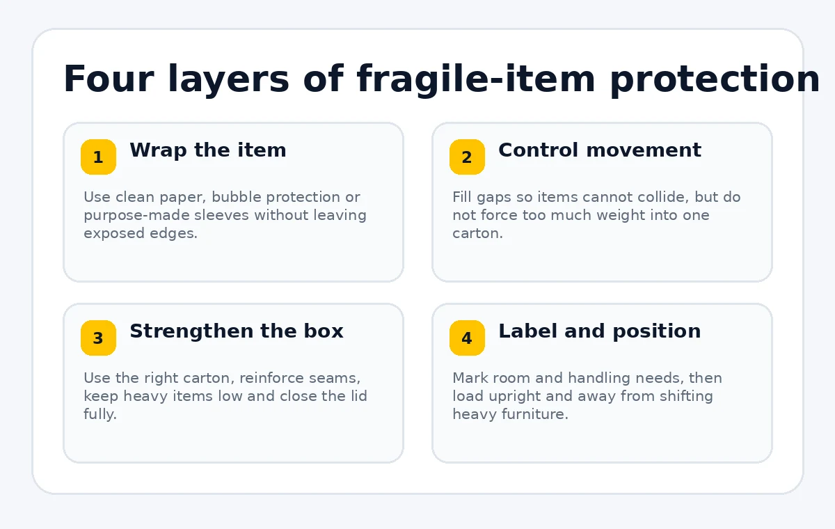 Four protection layers for wrapping, controlling movement, strengthening cartons and correct loading