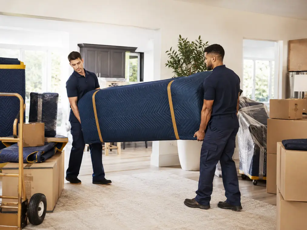 Professional movers protecting furniture inside a Melbourne home
